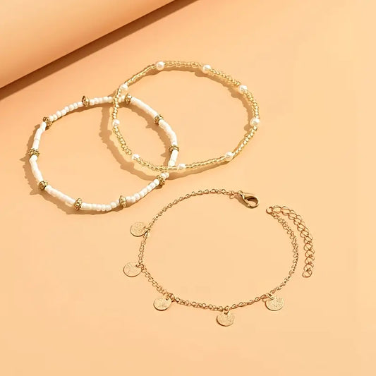 Set 3 Tobilleras por Capas Coastal Charm | Oro