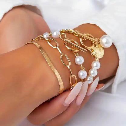 Set 4 Pulseras Chic - Serpiente, Perlas y Eslabones | Oro