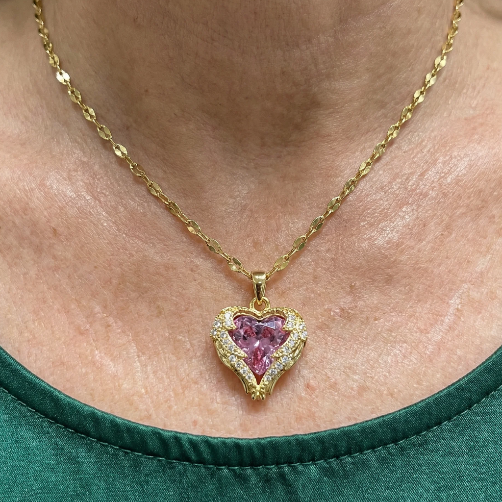 Collar Corazón Rosa Abrazo Ángel | Oro