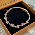 Pulsera Tenis Cuadros Rosa | Oro