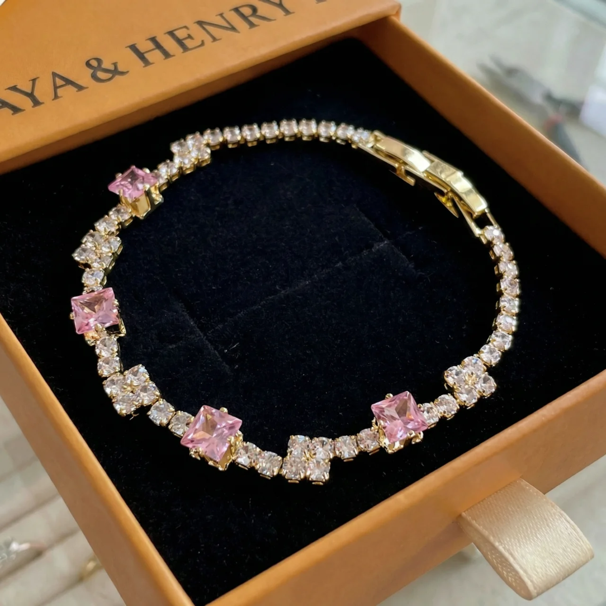 Pulsera Tenis Cuadros Rosa | Oro