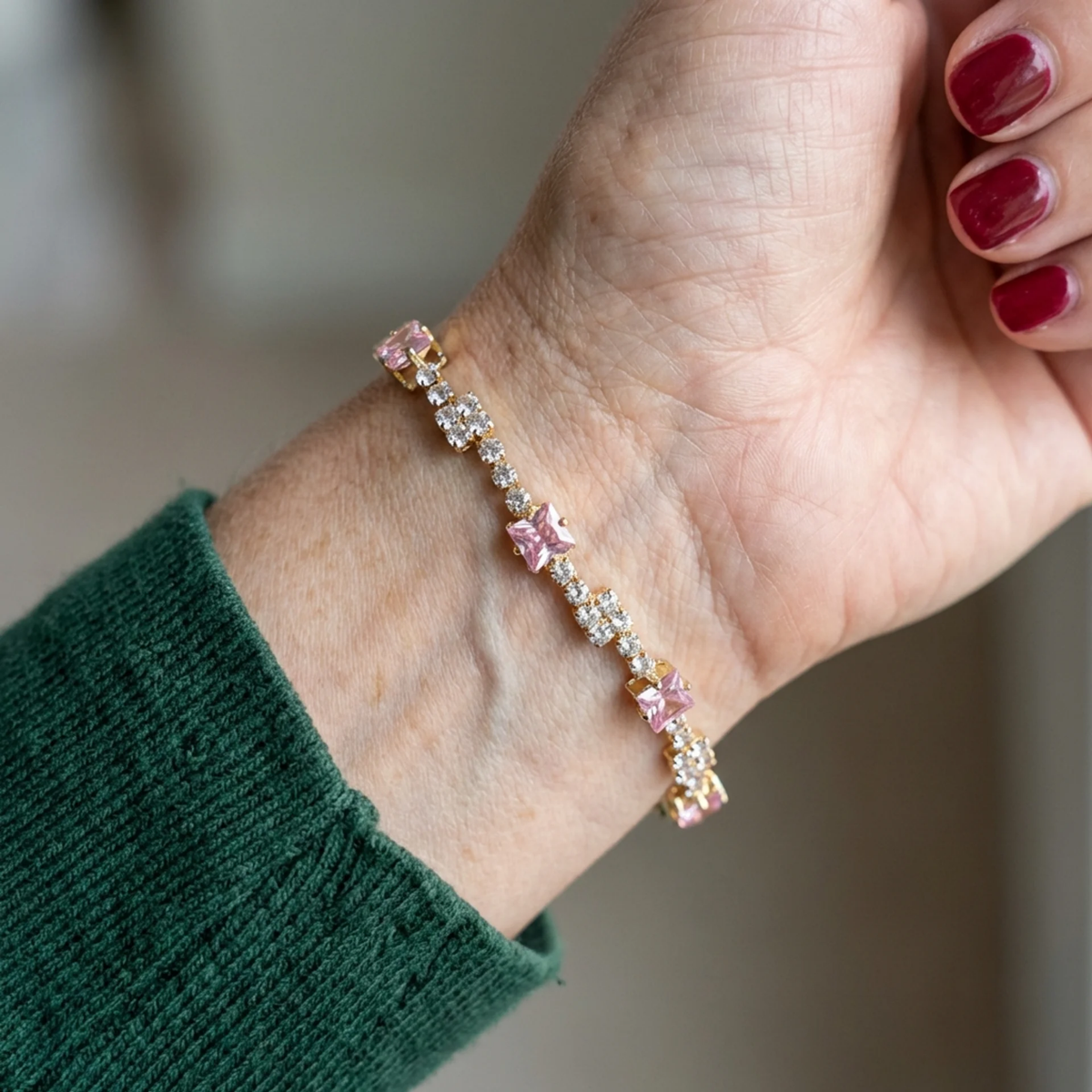 Pulsera Tenis Cuadros Rosa | Oro