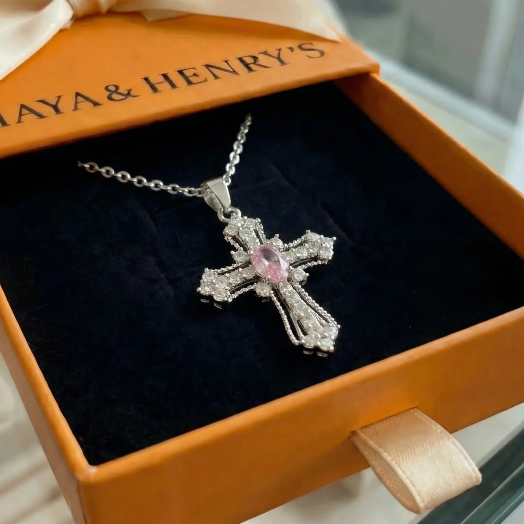 Collar Cruz Celestial Rosa | Oro Blanco