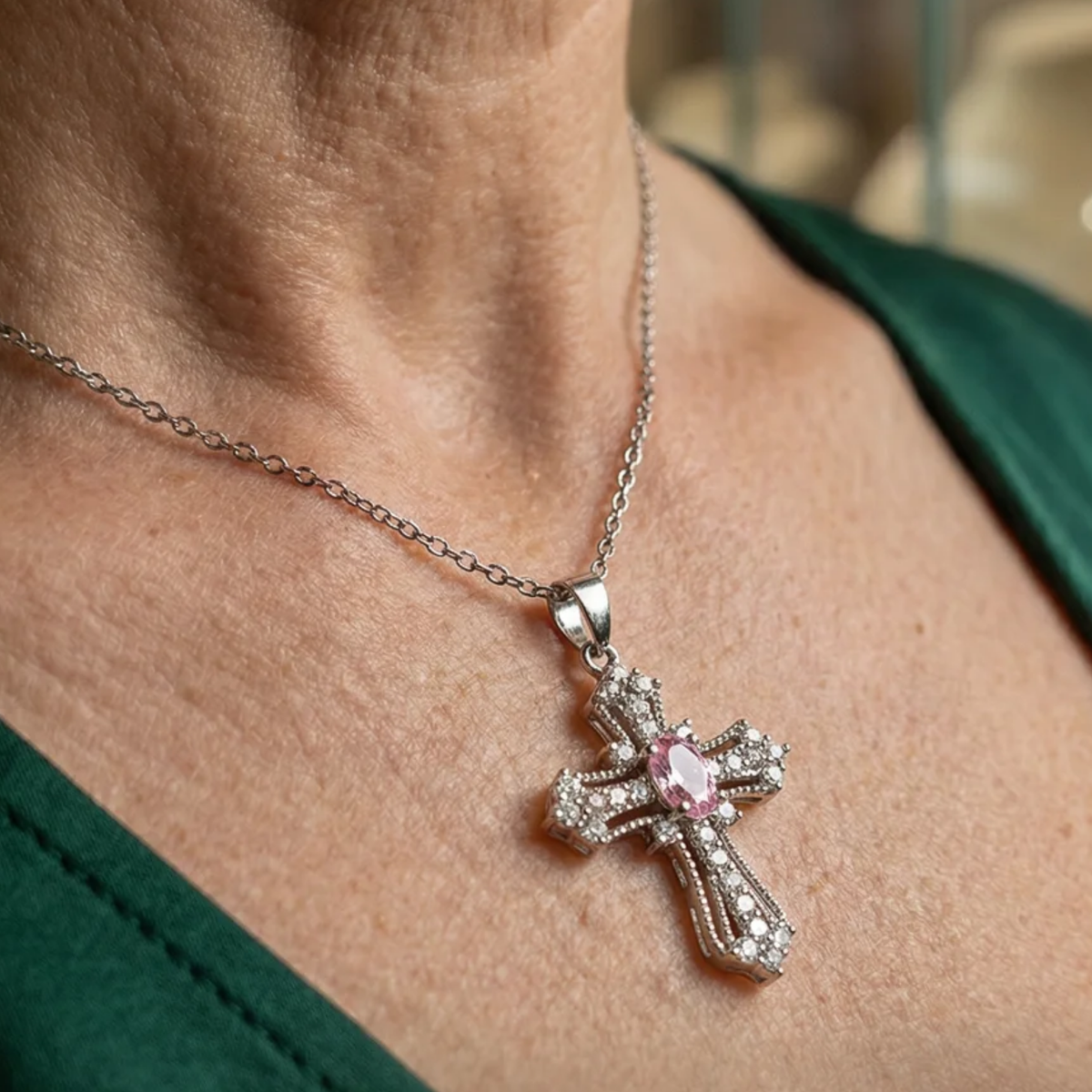 Collar Cruz Celestial Rosa | Oro Blanco