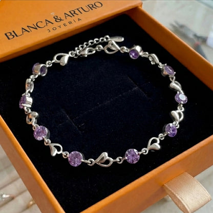 Heart Charm Amethyst Bracelet | White Gold