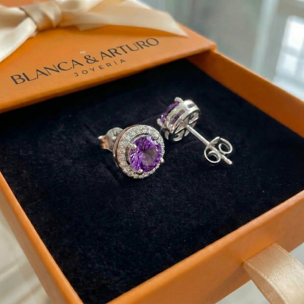 Amethyst Round Pave Studs | White Gold