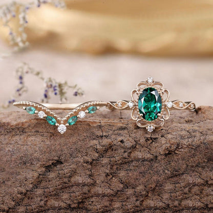 Set Anillo Corona Esmeralda Aurelle | Oro Rosa