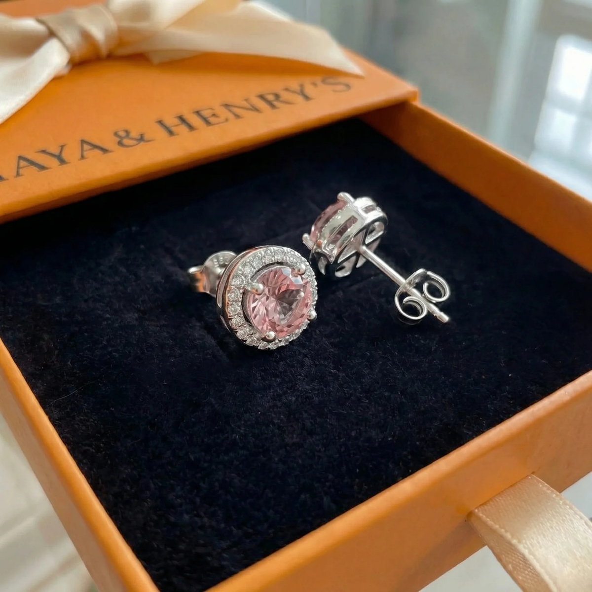 Pendientes Redondos Pavé Rosa | Oro Blanco
