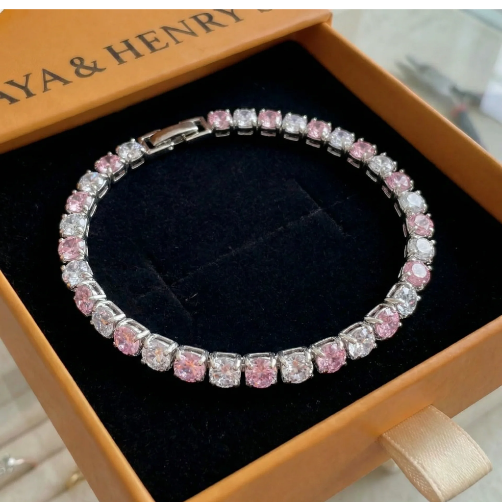 Pulsera Tenis Dúo Zafiro Rosa | Oro Blanco