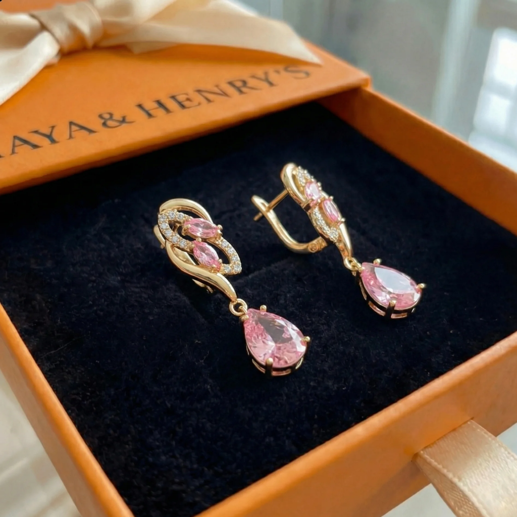 Pendientes Colgantes Destello Zafiro Rosa | Oro