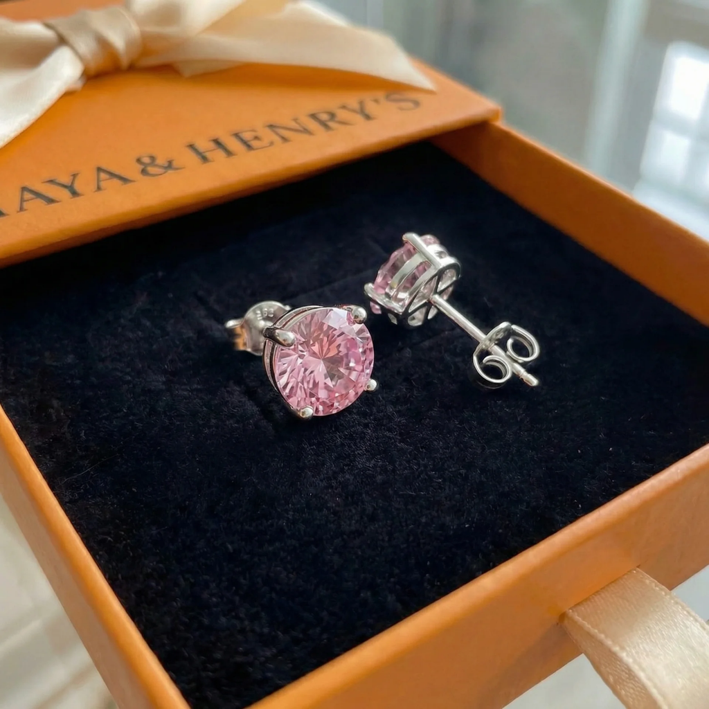 Pendientes Redondos Zafiro Rosa | Oro Blanco