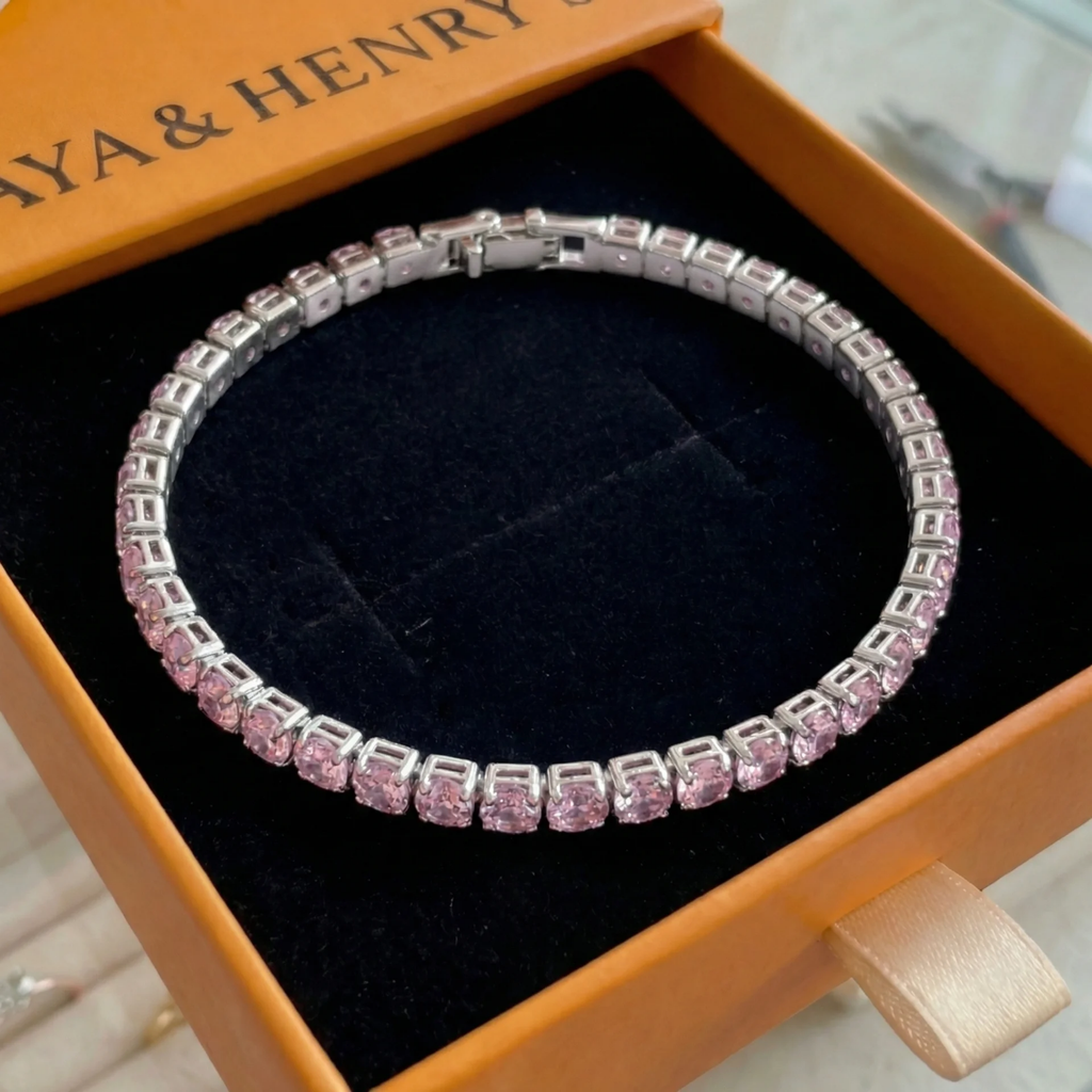 Pulsera Tenis Zafiro Rosa | Oro Blanco