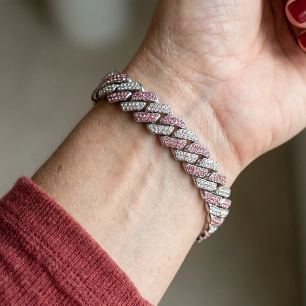 Pulsera Cubana Destello Rosa | Oro Blanco