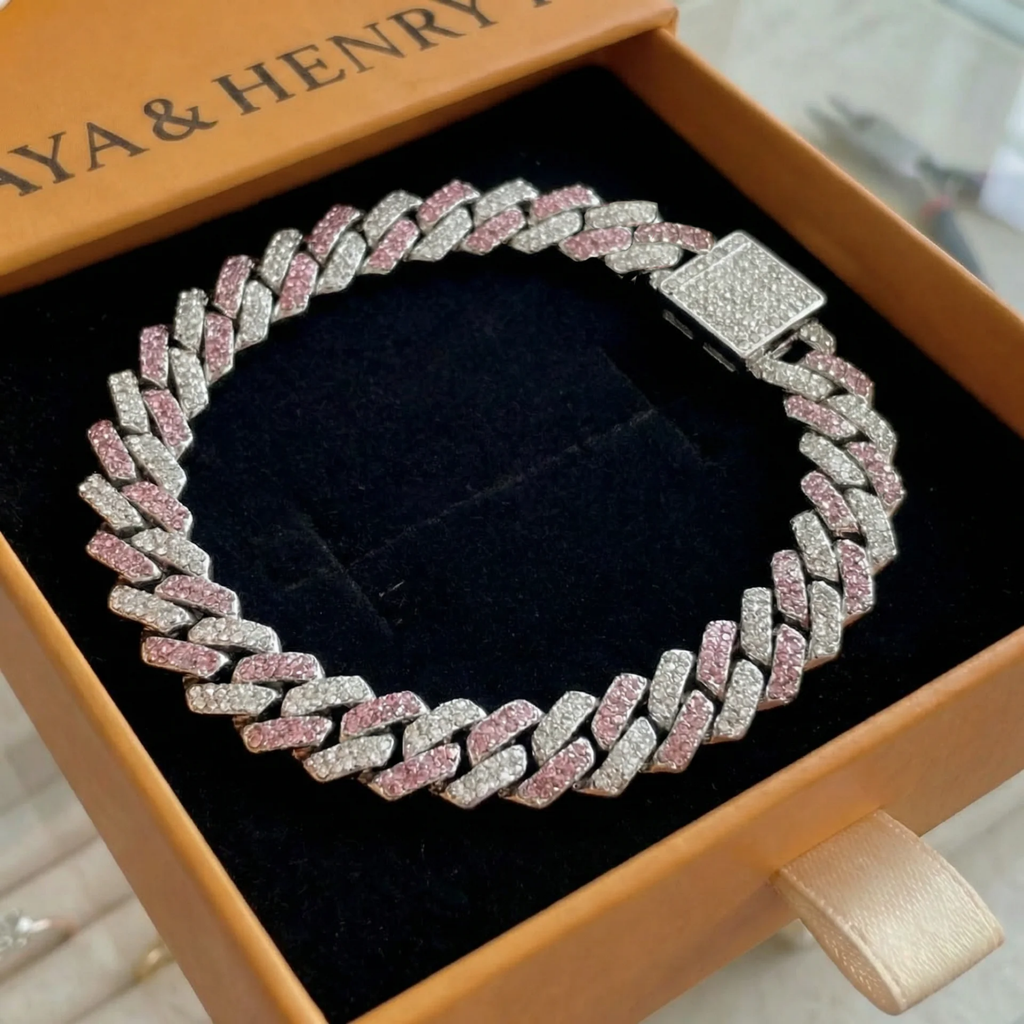 Pulsera Cubana Destello Rosa | Oro Blanco