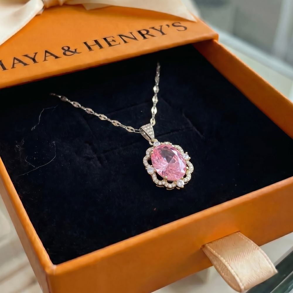 Collar Corona Oval Halo Rosa | Oro Blanco