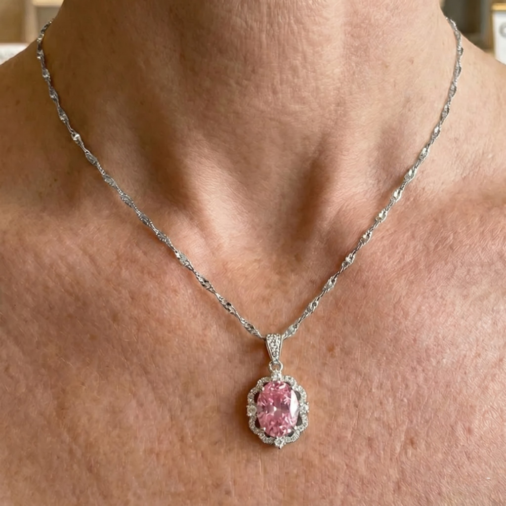 Collar Corona Oval Halo Rosa | Oro Blanco