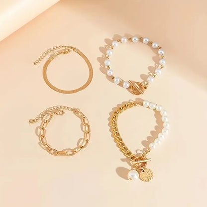 Set 4 Pulseras Chic - Serpiente, Perlas y Eslabones | Oro